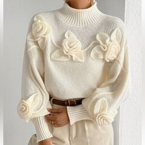SCULPTURAL FLOWER Chunky Ivory Mock Neck Ribbed Cuff Sweater XS S M L XL